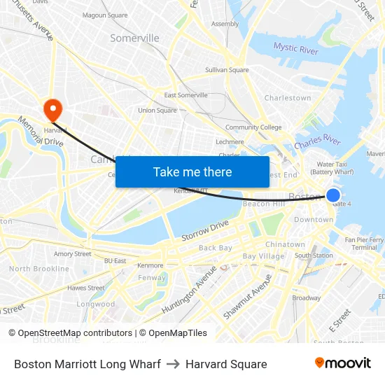 Boston Marriott Long Wharf to Harvard Square map