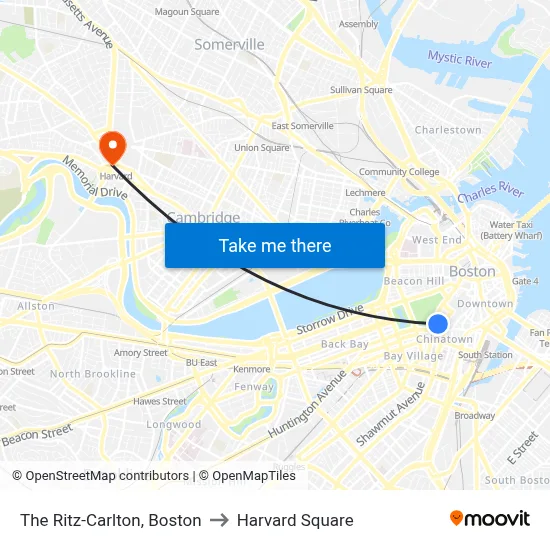 The Ritz-Carlton, Boston to Harvard Square map