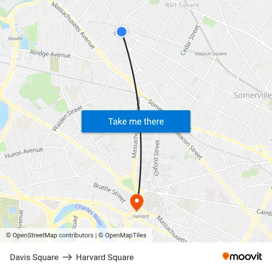 Davis Square to Harvard Square map