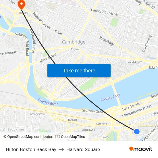 Hilton Boston Back Bay to Harvard Square map