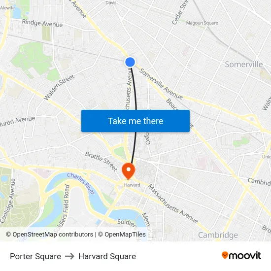 Porter Square to Harvard Square map