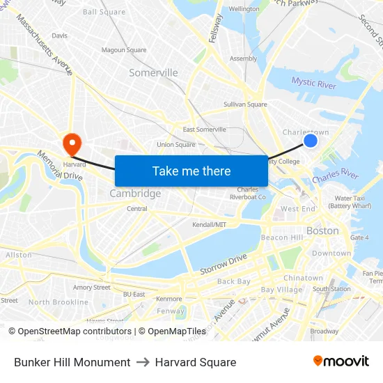 Bunker Hill Monument to Harvard Square map