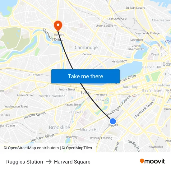 Ruggles Station to Harvard Square map