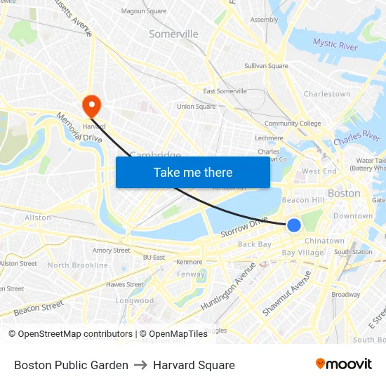 Boston Public Garden to Harvard Square map
