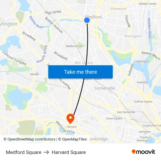 Medford Square to Harvard Square map