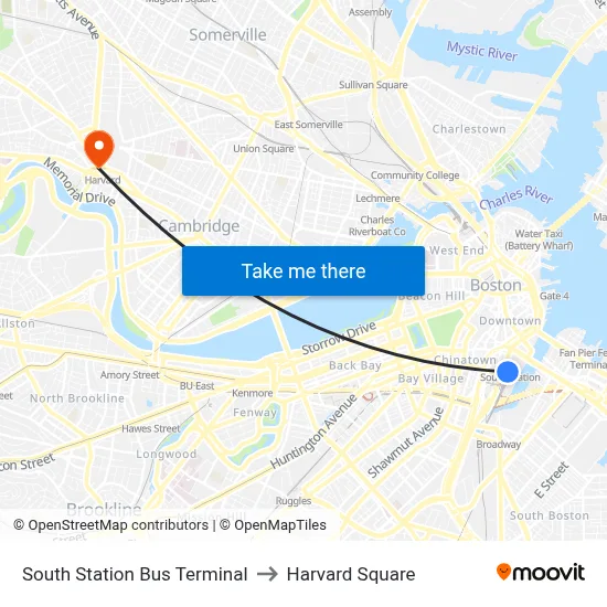 South Station Bus Terminal to Harvard Square map