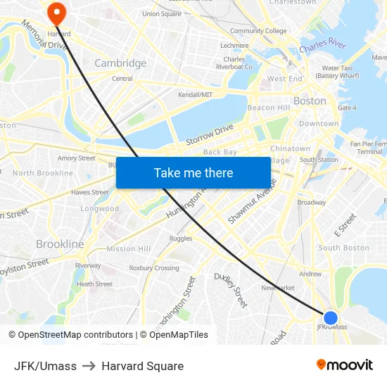 JFK/Umass to Harvard Square map