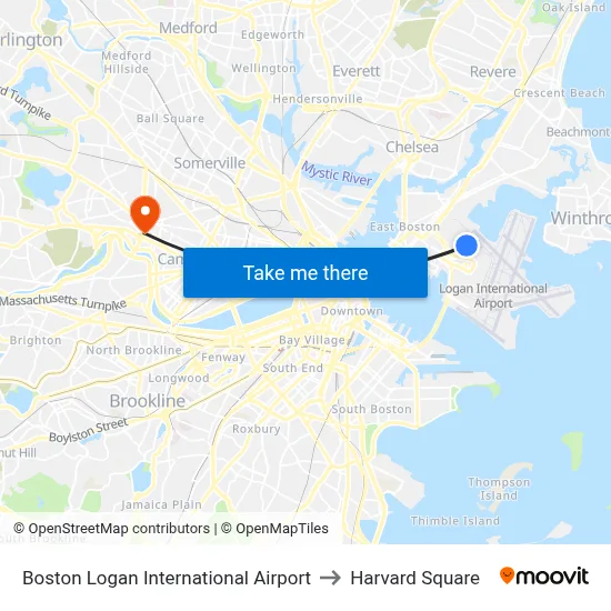 Boston Logan International Airport to Harvard Square map