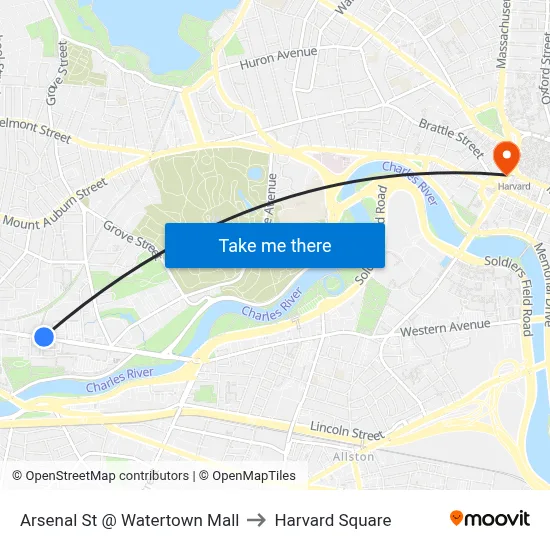 Arsenal St @ Watertown Mall to Harvard Square map