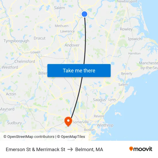 Emerson St & Merrimack St to Belmont, MA map