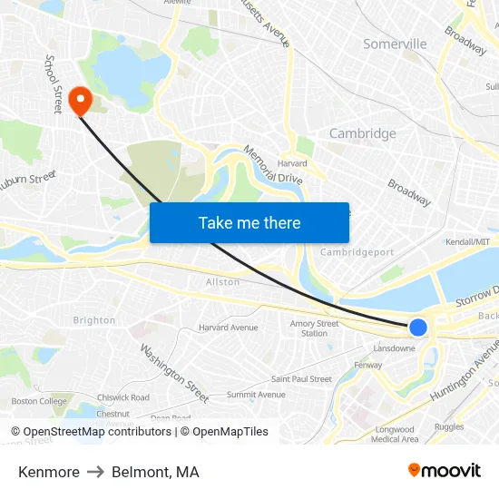Kenmore to Belmont, MA map