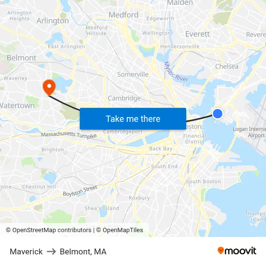 Maverick to Belmont, MA map