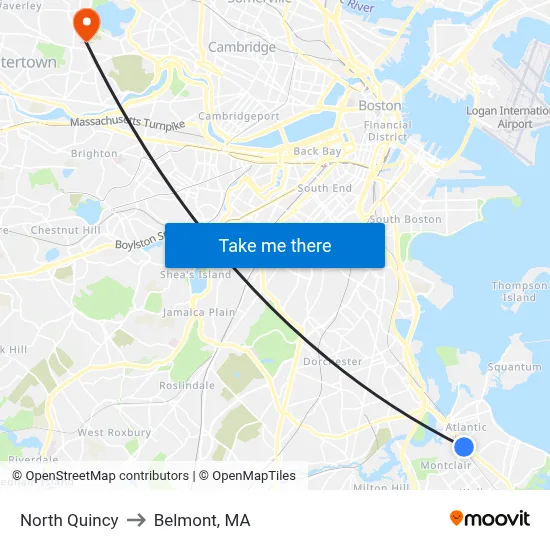 North Quincy to Belmont, MA map