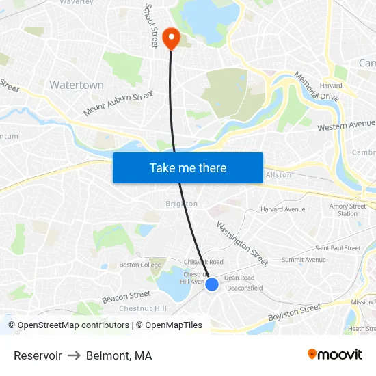 Reservoir to Belmont, MA map