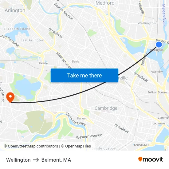Wellington to Belmont, MA map