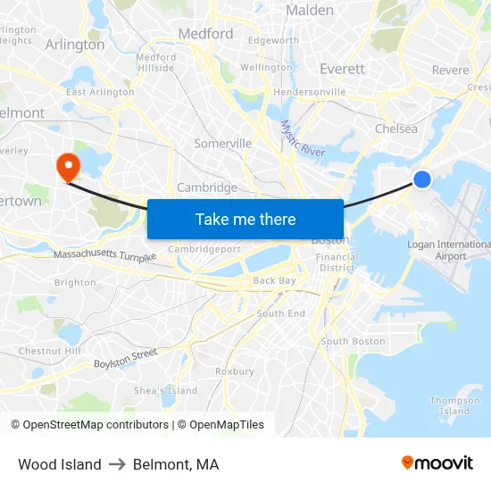 Wood Island to Belmont, MA map