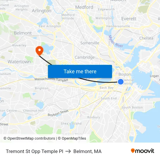 Tremont St Opp Temple Pl to Belmont, MA map