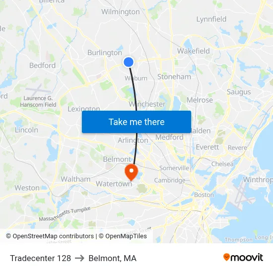 Tradecenter 128 to Belmont, MA map