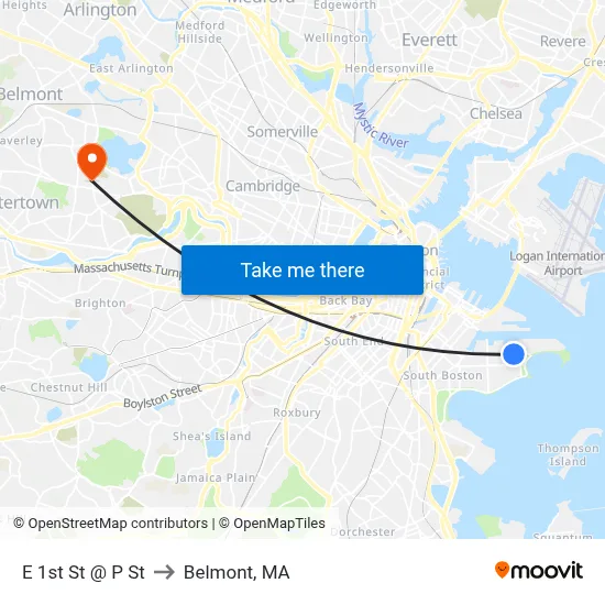 E 1st St @ P St to Belmont, MA map