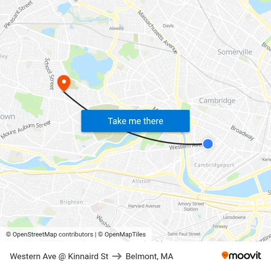 Western Ave @ Kinnaird St to Belmont, MA map