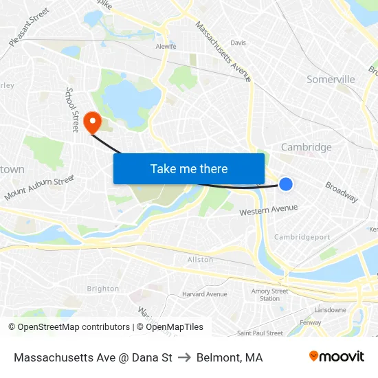 Massachusetts Ave @ Dana St to Belmont, MA map
