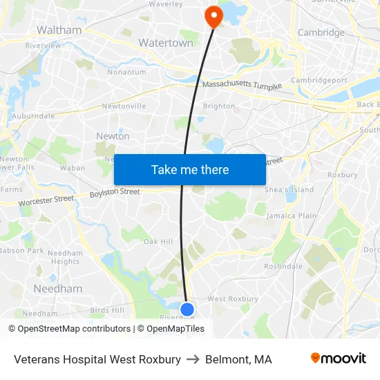 Veterans Hospital West Roxbury to Belmont, MA map