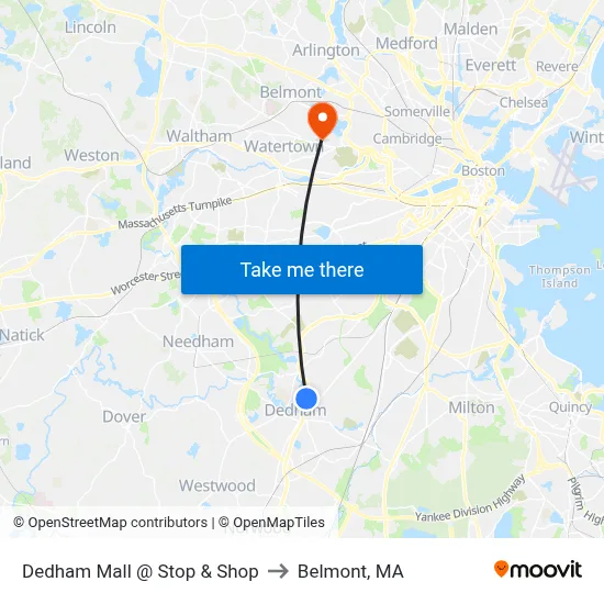 Dedham Mall @ Stop & Shop to Belmont, MA map