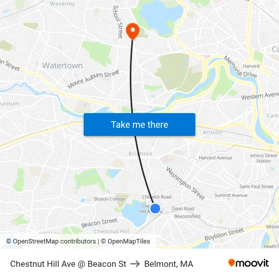Chestnut Hill Ave @ Beacon St to Belmont, MA map