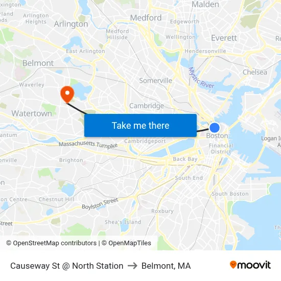 Causeway St @ North Station to Belmont, MA map