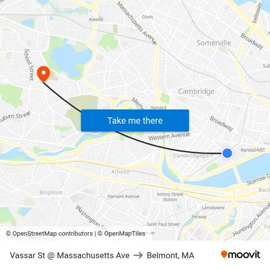 Vassar St @ Massachusetts Ave to Belmont, MA map