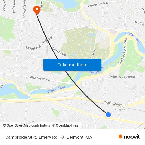 Cambridge St @ Emery Rd to Belmont, MA map
