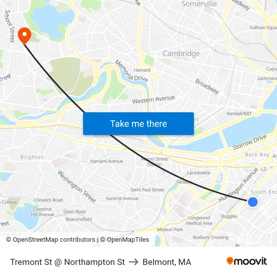 Tremont St @ Northampton St to Belmont, MA map