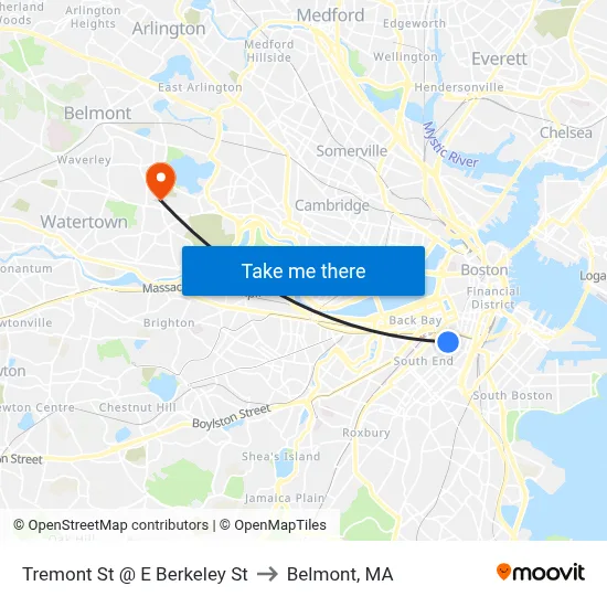 Tremont St @ E Berkeley St to Belmont, MA map