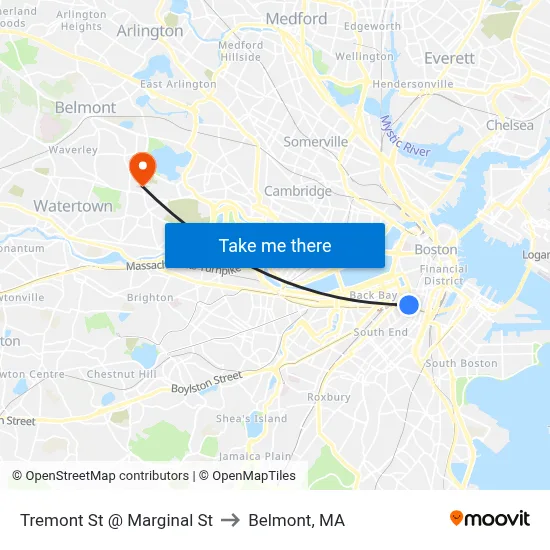 Tremont St @ Marginal St to Belmont, MA map