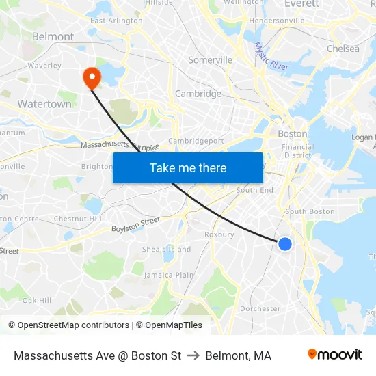 Massachusetts Ave @ Boston St to Belmont, MA map