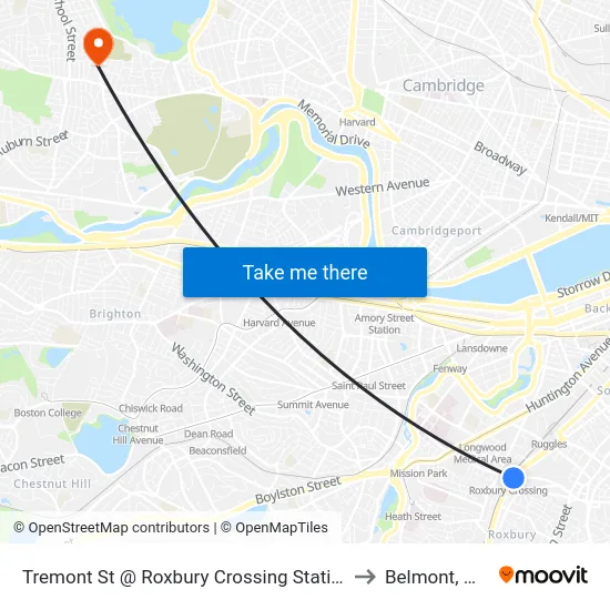Tremont St @ Roxbury Crossing Station to Belmont, MA map