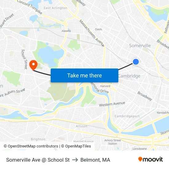 Somerville Ave @ School St to Belmont, MA map