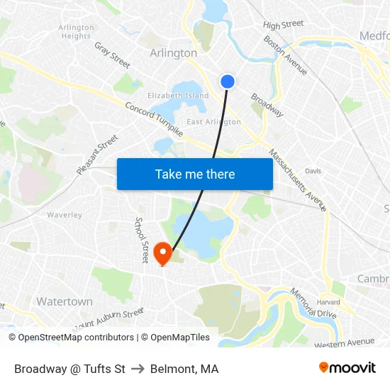 Broadway @ Tufts St to Belmont, MA map