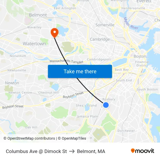 Columbus Ave @ Dimock St to Belmont, MA map
