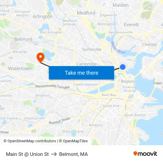 Main St @ Union St to Belmont, MA map