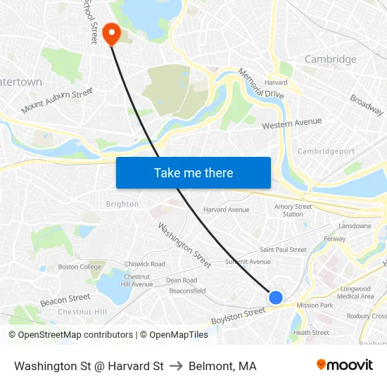 Washington St @ Harvard St to Belmont, MA map