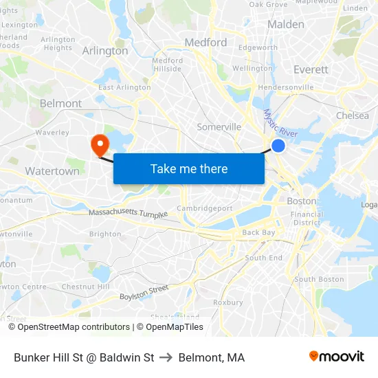 Bunker Hill St @ Baldwin St to Belmont, MA map