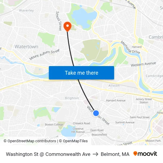 Washington St @ Commonwealth Ave to Belmont, MA map