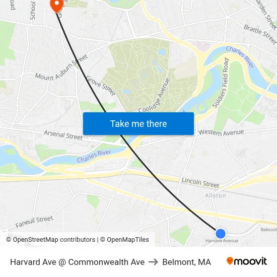 Harvard Ave @ Commonwealth Ave to Belmont, MA map