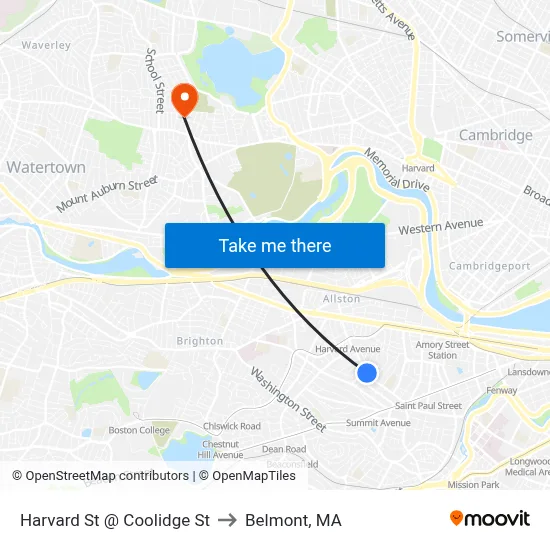 Harvard St @ Coolidge St to Belmont, MA map