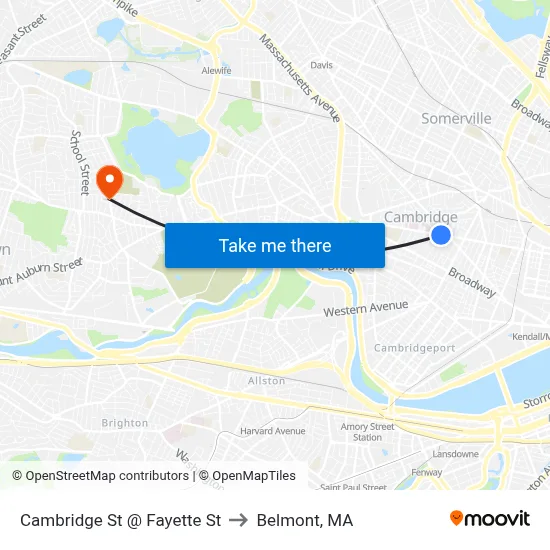 Cambridge St @ Fayette St to Belmont, MA map