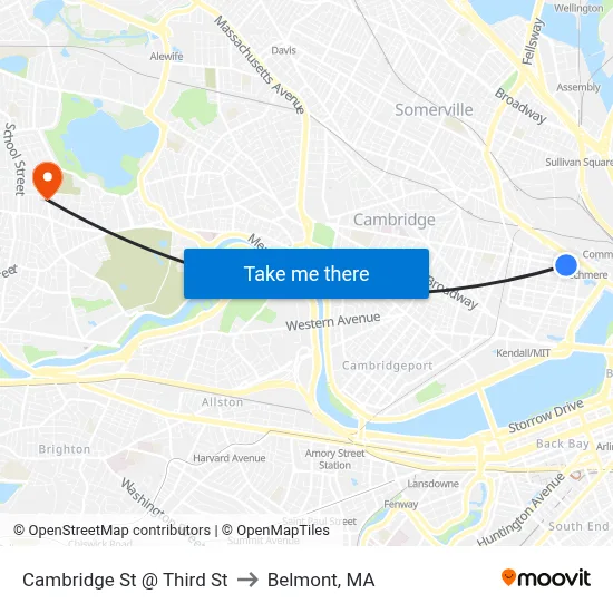 Cambridge St @ Third St to Belmont, MA map