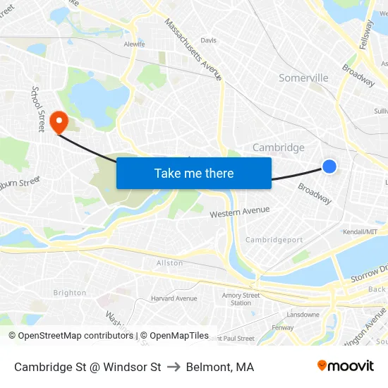 Cambridge St @ Windsor St to Belmont, MA map