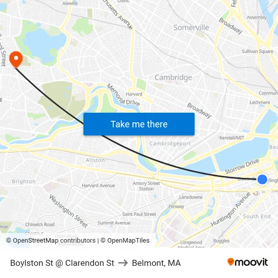 Boylston St @ Clarendon St to Belmont, MA map