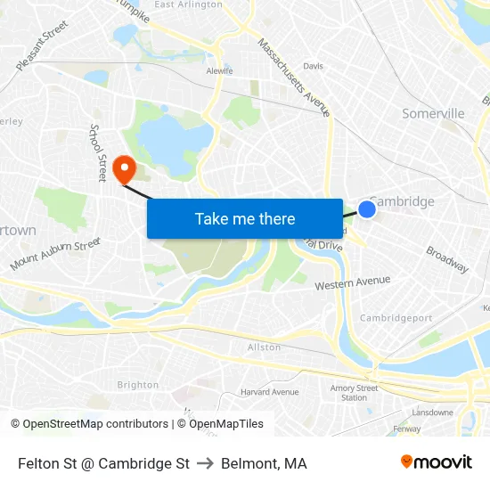 Felton St @ Cambridge St to Belmont, MA map